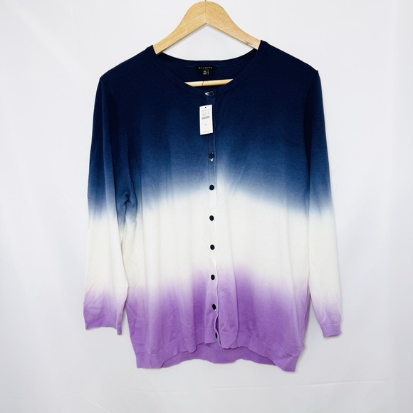 Talbots Charming Cardigan Sweater XL Lilac Navy Dip Dye Ombré 3/4 Sleeve Spring - Picture 2 of 9